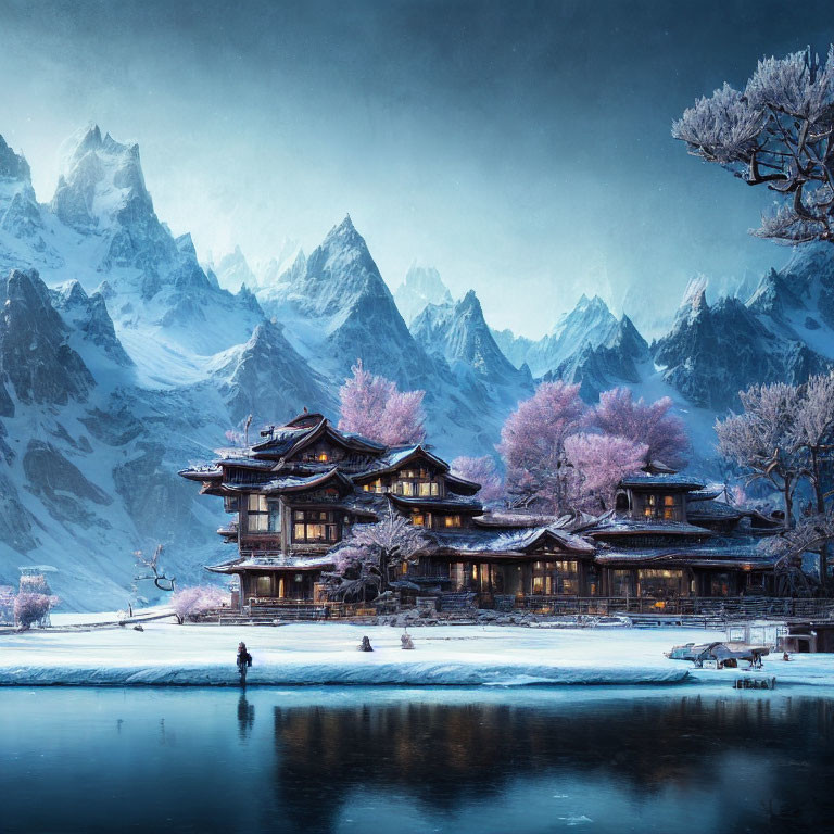 Snow-covered wooden houses near frozen river under starry sky