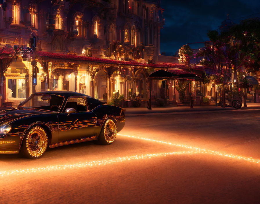 Vintage car on charming street with glowing buildings and lights at dusk