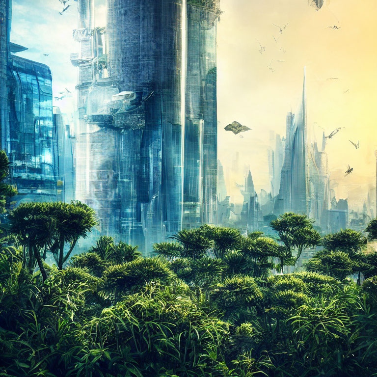 Futuristic skyscrapers with lush greenery and flying vehicles