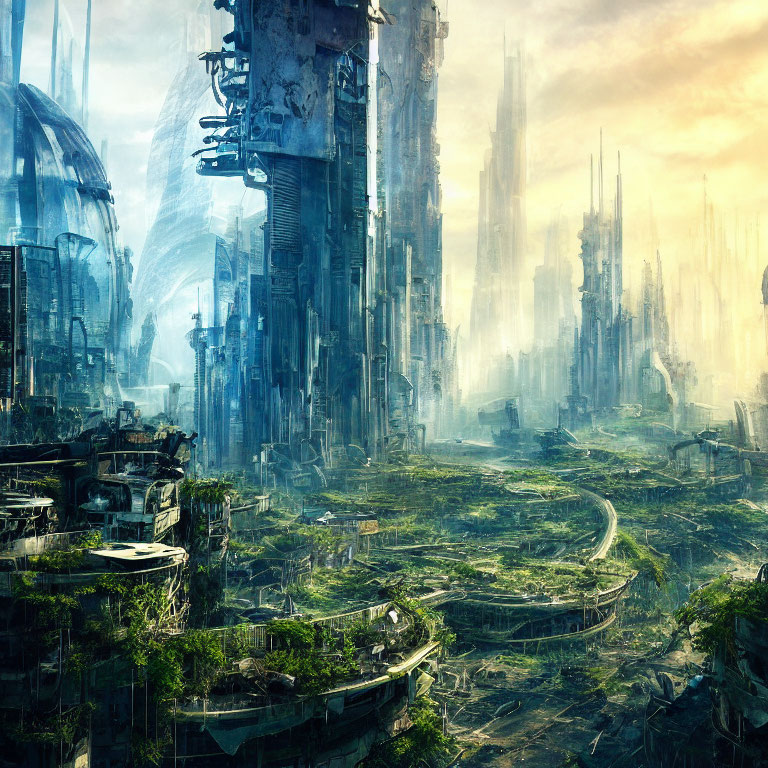 Overgrown futuristic city with skyscrapers and greenery in ruins