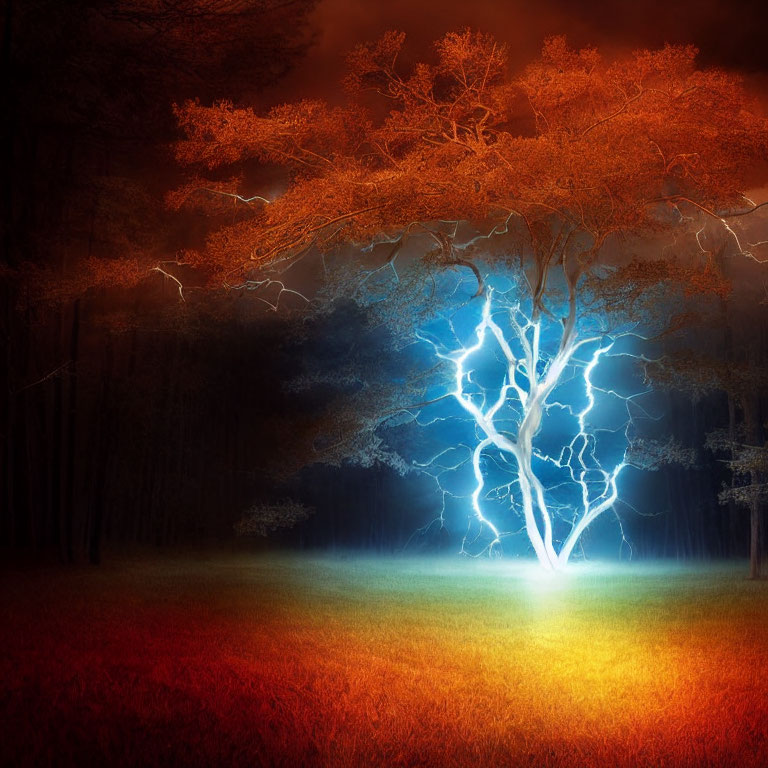 Electrified blue tree in dark forest with red foliage under dramatic sky