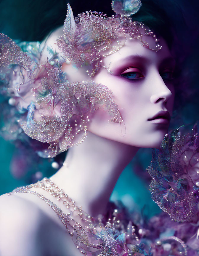 Fantasy portrait of a violet-skinned female with shimmering leaves and beading