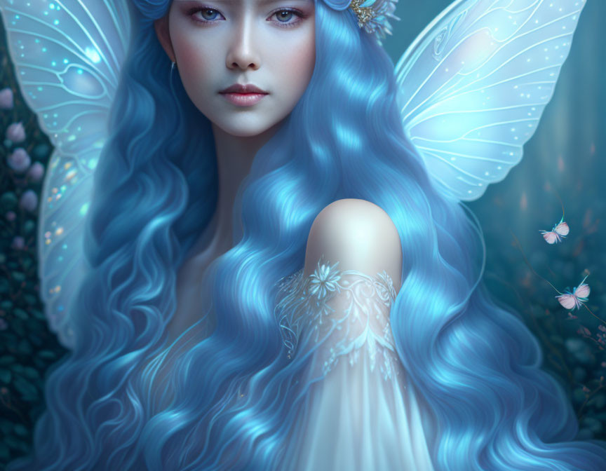 Blue-haired fairy with butterflies in ethereal forest.