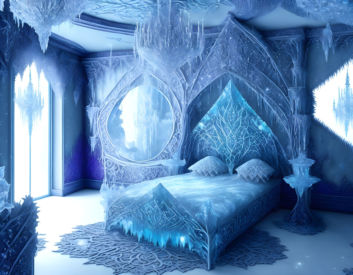 Elaborate Frozen-themed Bedroom with Ice Bed and Crystalline Decor