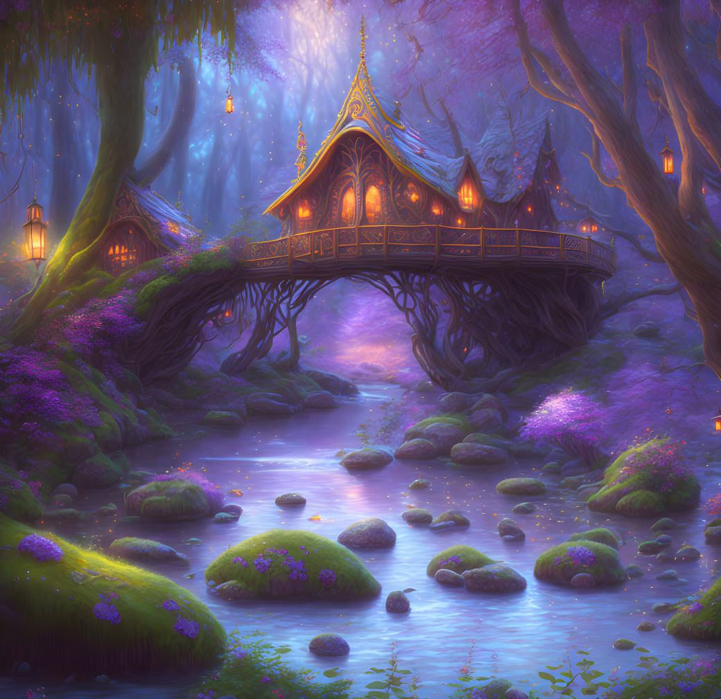 Enchanted twilight forest scene with mystical cottage and purple flora