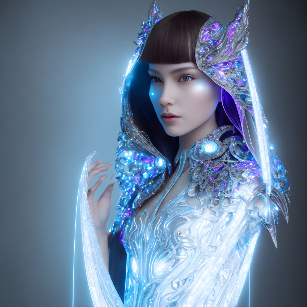 Futuristic digital art portrait of woman in glowing blue armor & intricate headdress on grey background