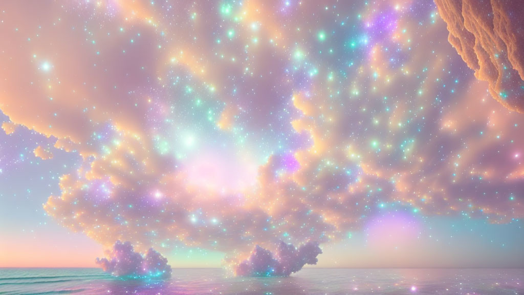 Pastel nebula clouds over tranquil sea: Serene sky scene