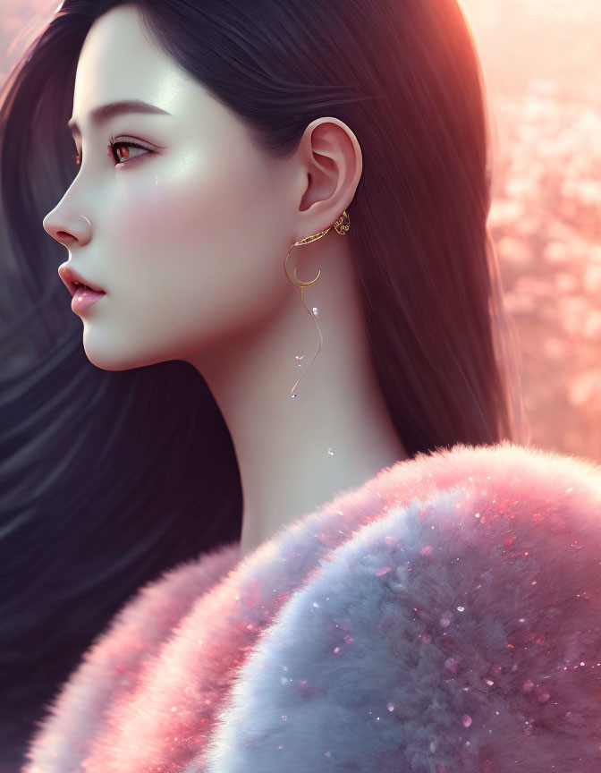 Illustration of woman with long hair and elegant earrings in pink cloak.