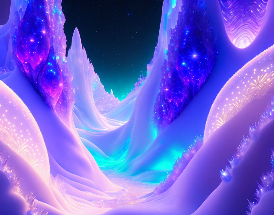 Fantasy landscape with glowing purple crystals and celestial bodies