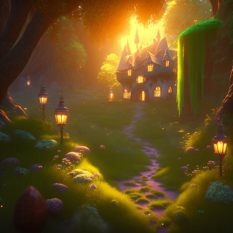 Glowing fairy-tale cottage in mystical forest with lantern-lit path