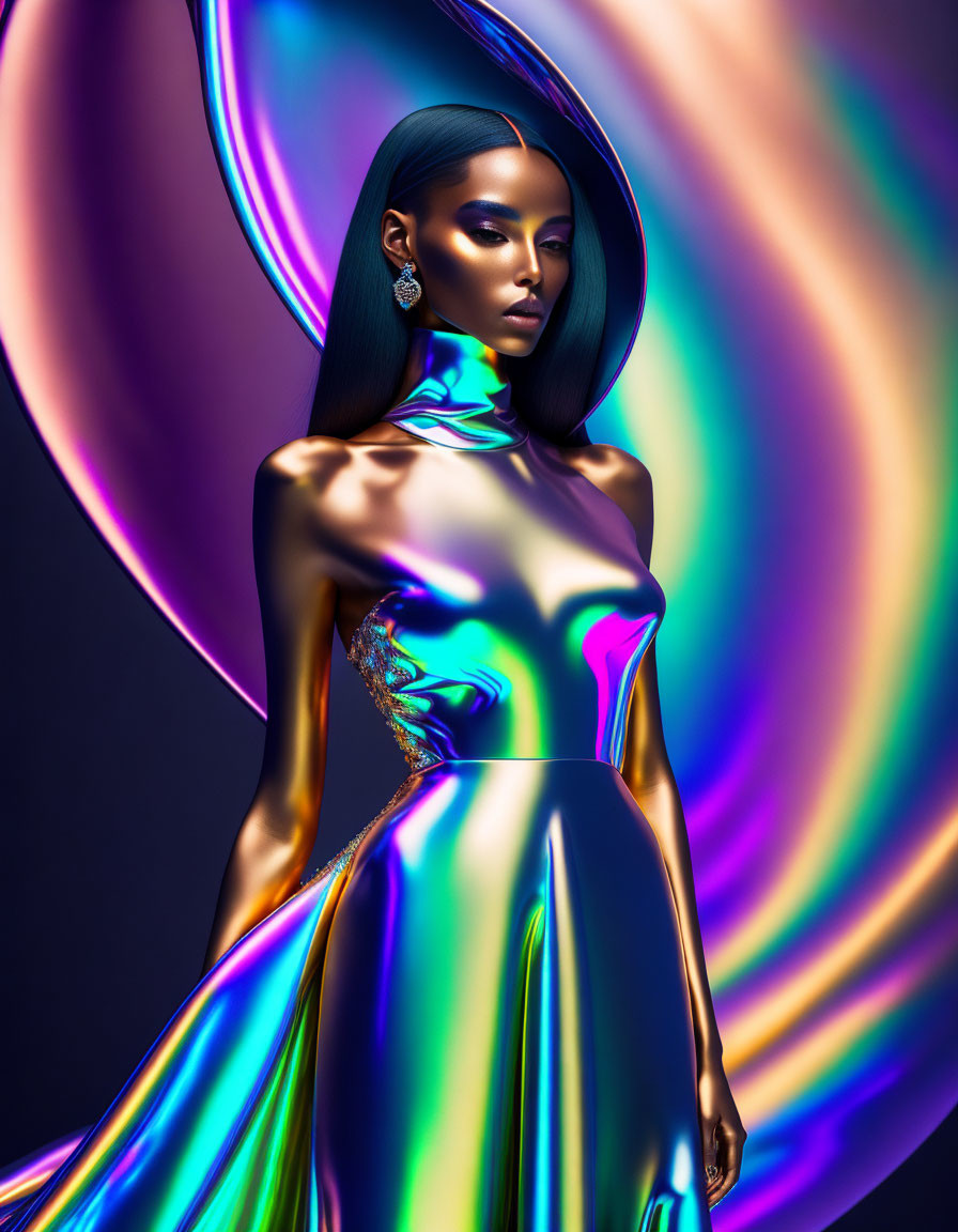 Woman in metallic dress with sleek hair and makeup on swirling neon background