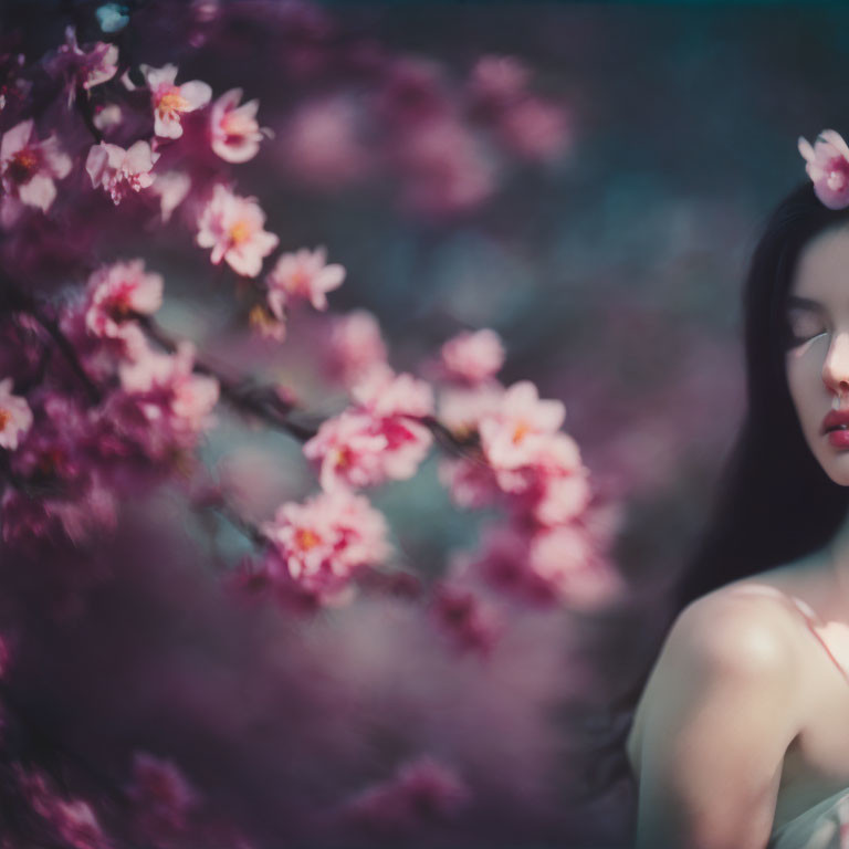 Serene woman portrait with blurred pink cherry blossoms