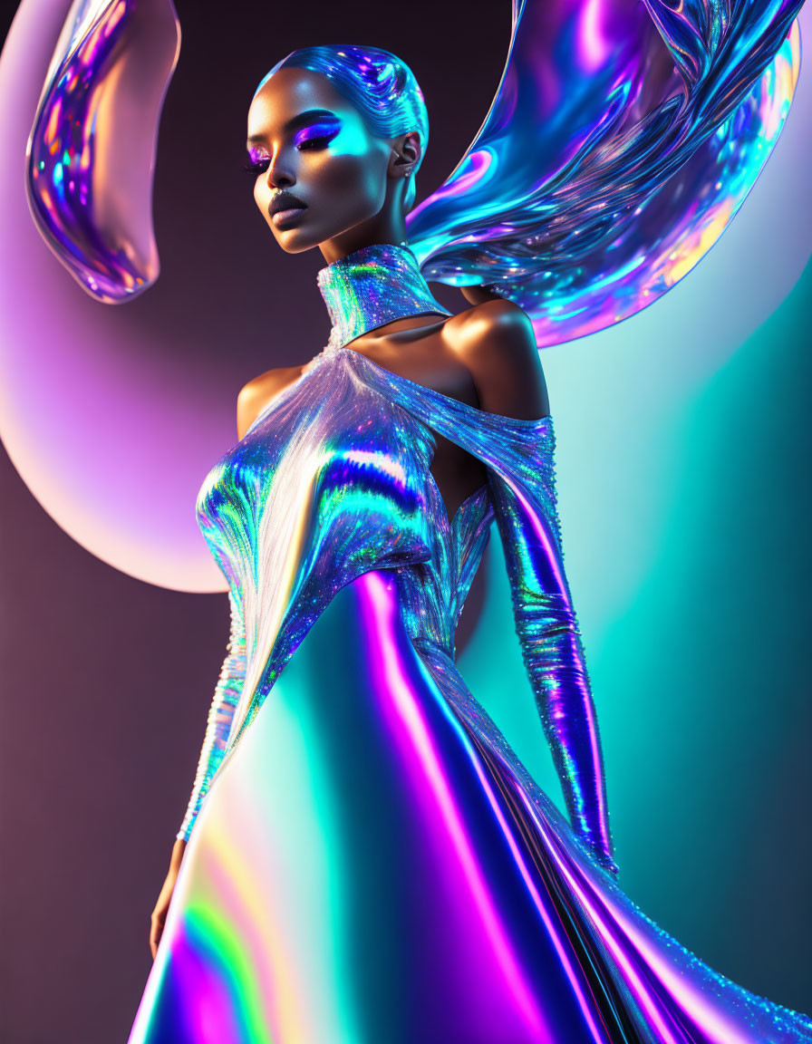 Futuristic metallic fashion on a woman with abstract flowing elements