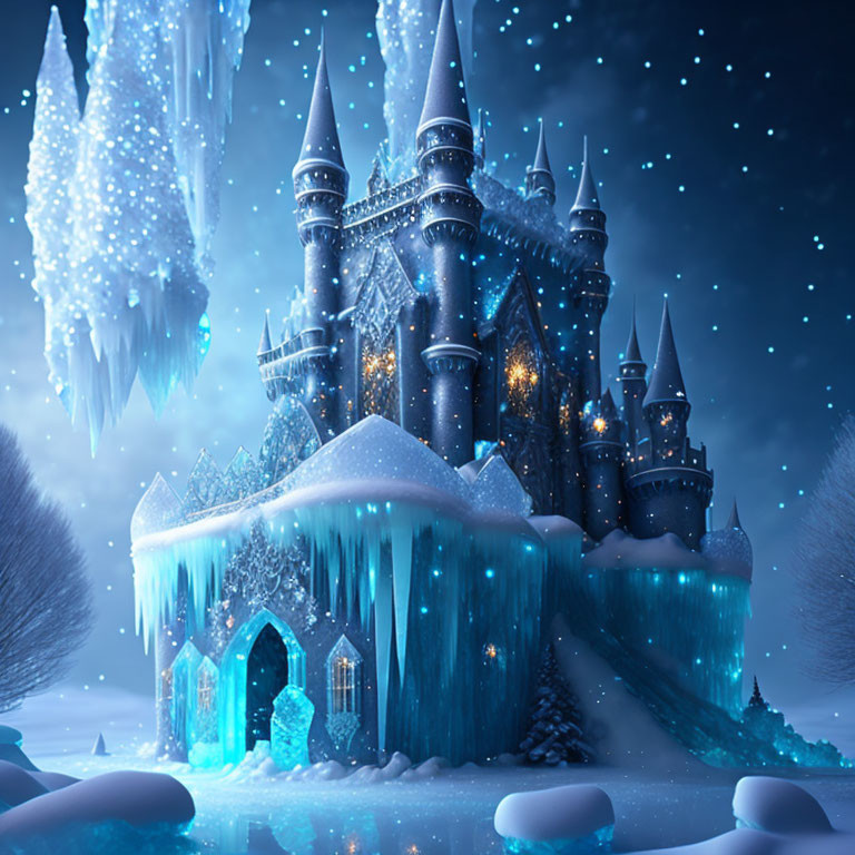 Enchanting Ice Castle with Frozen Trees and Icicles