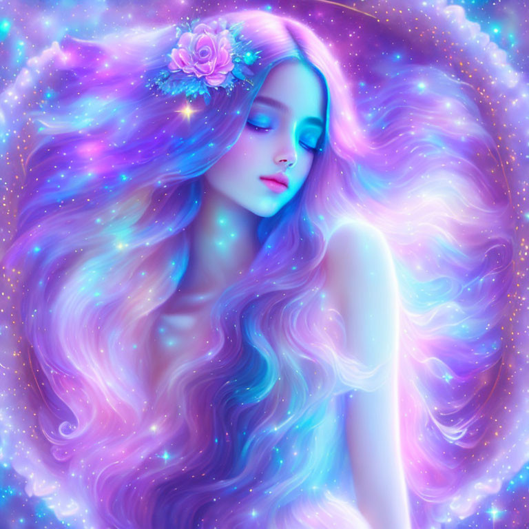 Fantastical image: Woman with pink and blue galaxy hair and floral adornment