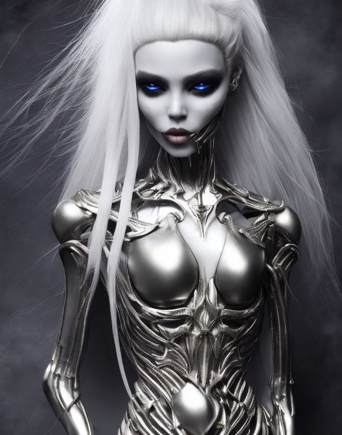 Female figure in futuristic metallic armor with glowing blue eyes and white hair on dark background