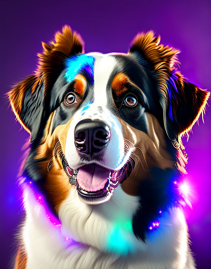 Vibrant Australian Shepherd Dog Artwork with Neon Purple Background