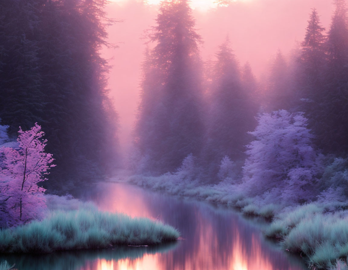 Tranquil river flowing through misty forest at dawn or dusk