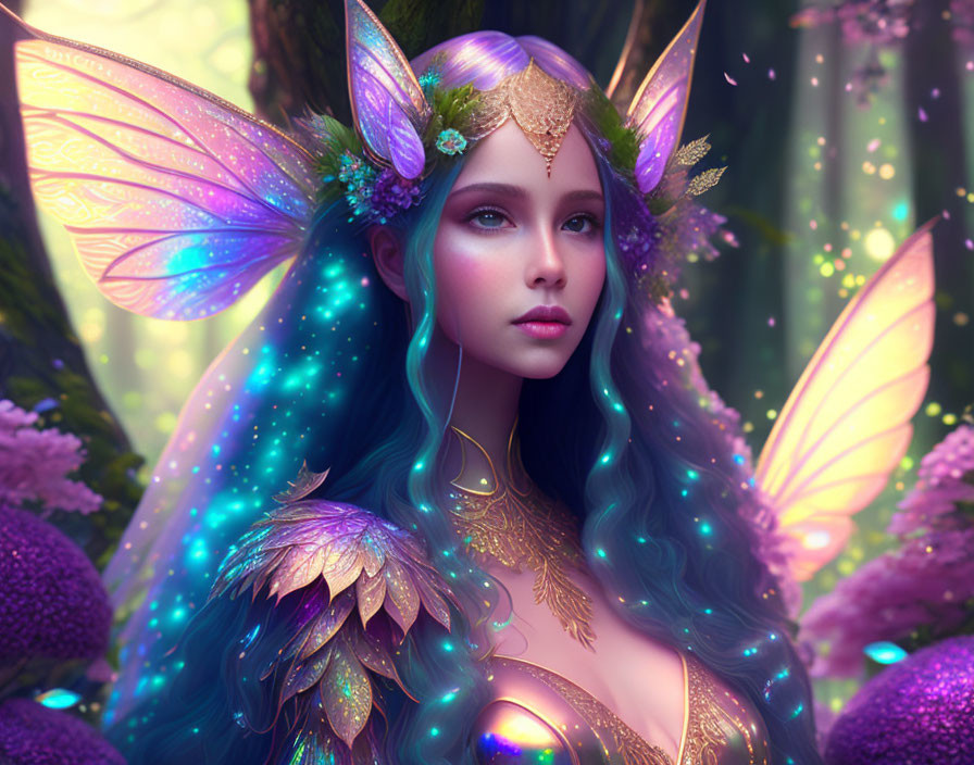 Vibrant blue-haired female fairy with iridescent wings in mystical forest