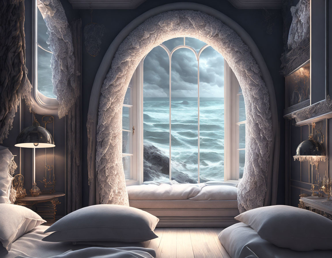 Serene bedroom with arched window overlooking tumultuous sea