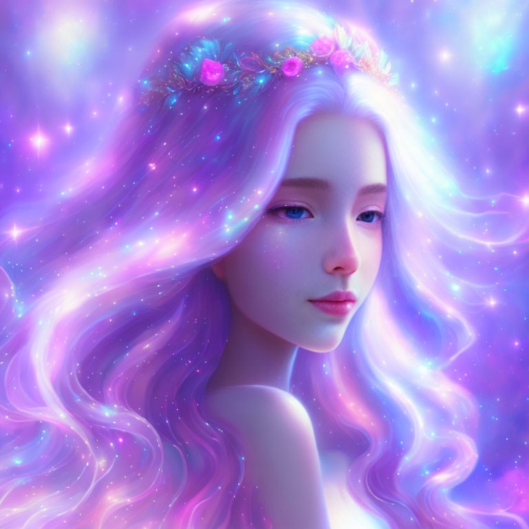 Violet-haired female with floral crown in cosmic setting