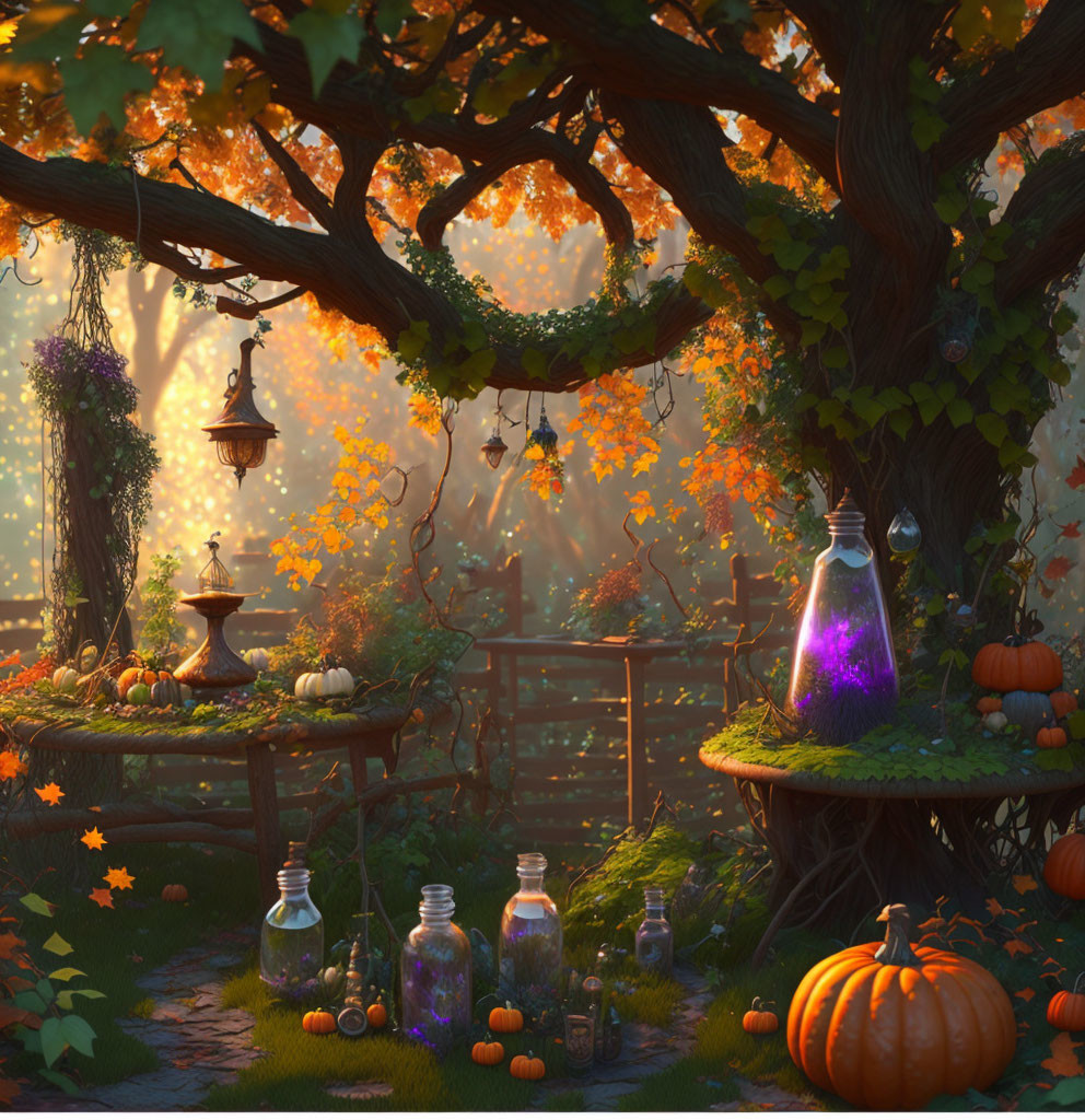 Autumn scene with glowing bottles, pumpkins, magical tree, lanterns