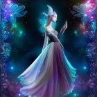 Ethereal woman with butterfly wings in magical forest scene