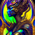 Digital Art: Female Figure in Gold and Blue Alien Armor