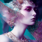 Fantasy portrait of a violet-skinned female with shimmering leaves and beading