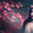 Serene woman portrait with blurred pink cherry blossoms