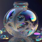 Iridescent glass jar with glowing fractal patterns and leaves on reflective surface