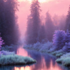 Tranquil river flowing through misty forest at dawn or dusk