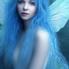 Blue-haired fairy with butterflies in ethereal forest.