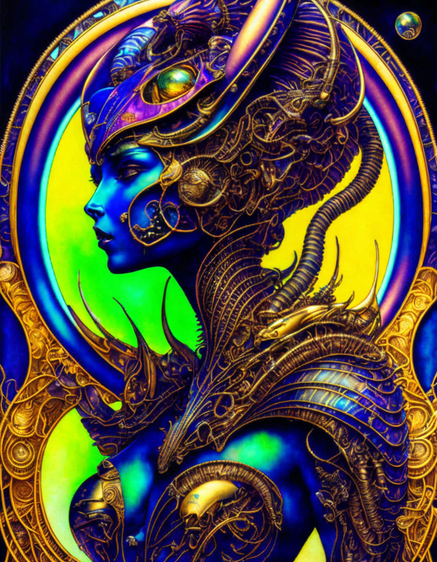 Digital Art: Female Figure in Gold and Blue Alien Armor