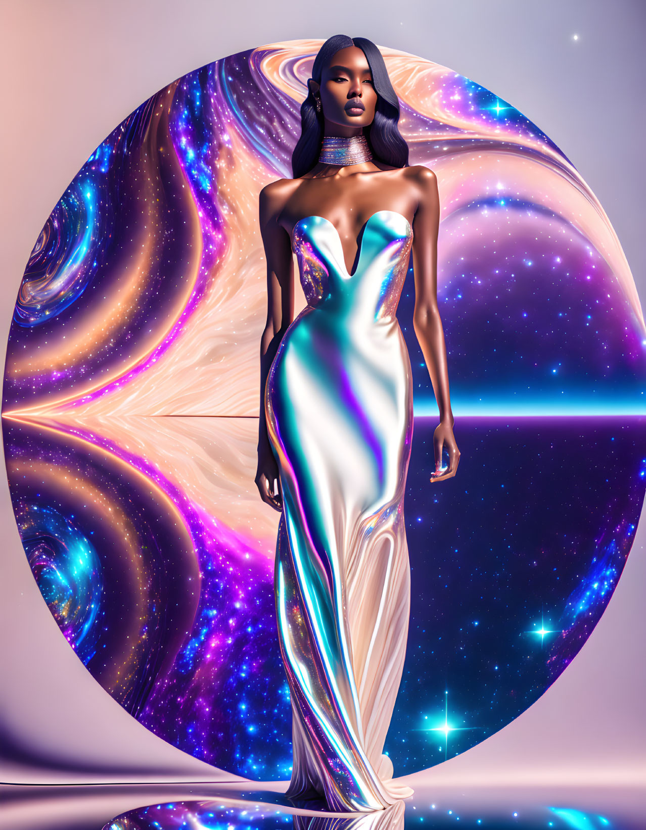 Digital art: Woman in metallic gown on cosmic background