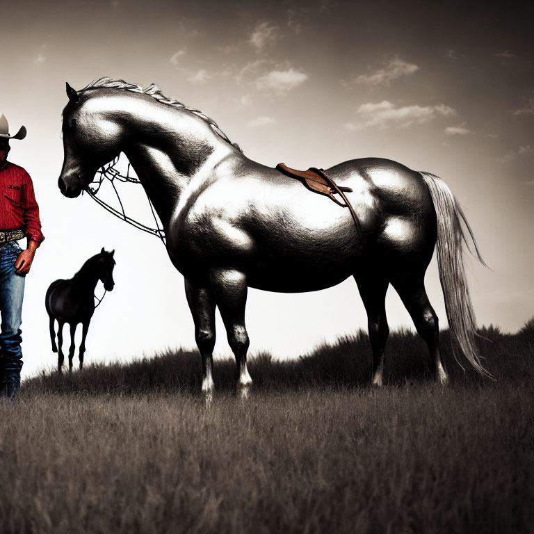 Silver-toned horse and foal with cowboy hat under dramatic sky