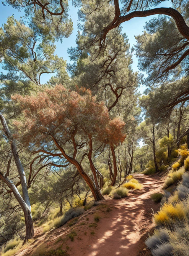 Verdant forest with sunlight filtering on winding path