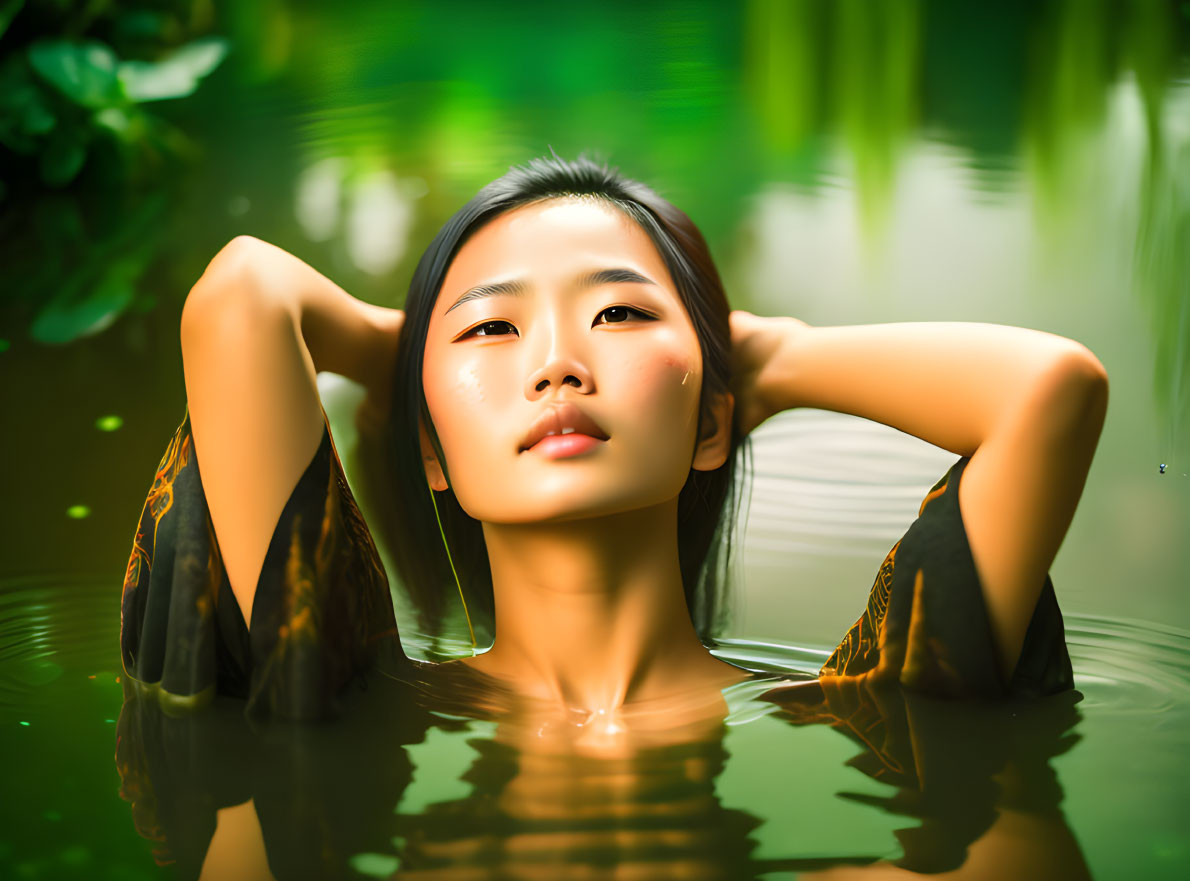 Woman Relaxing in Water Surrounded by Green Environment