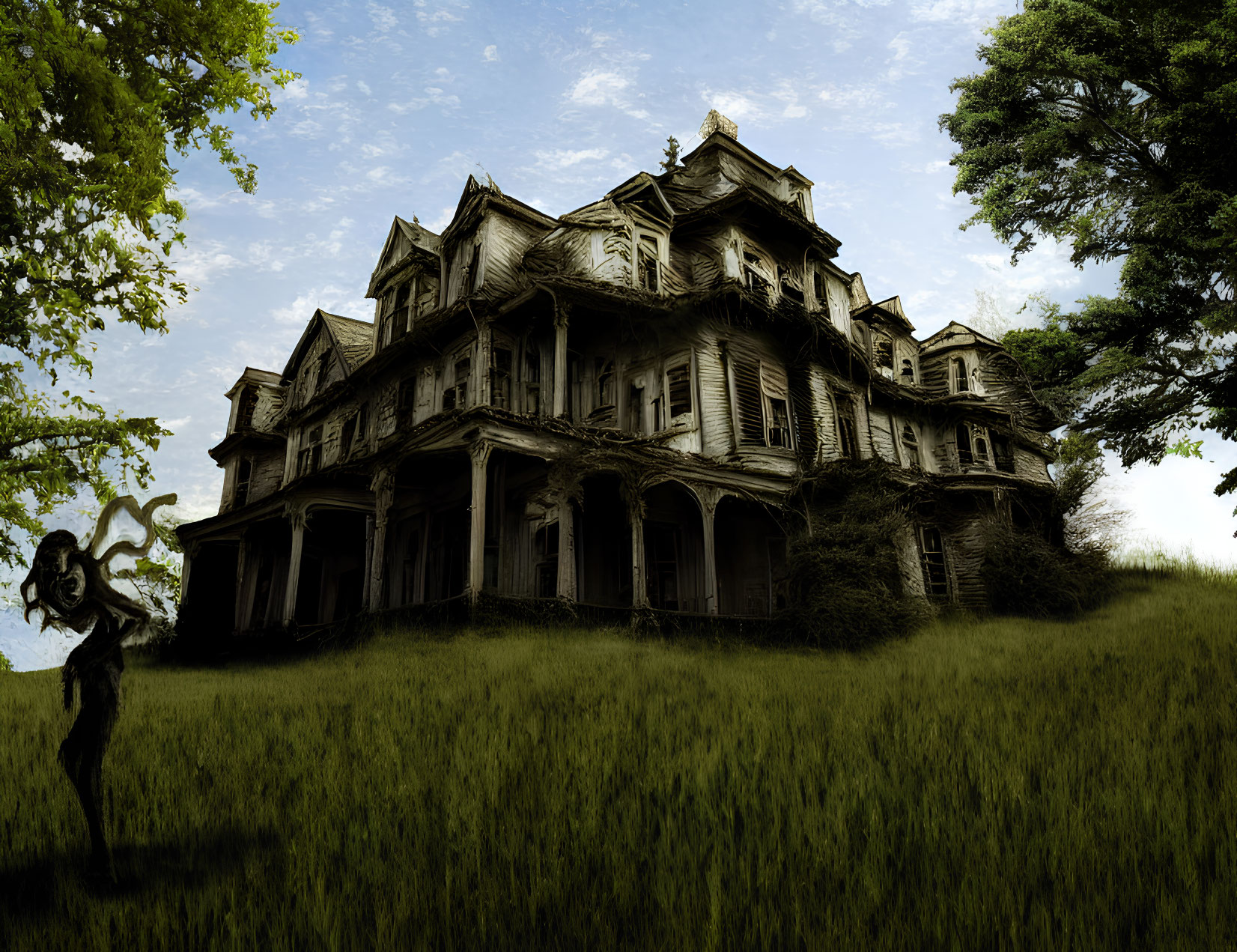 Dilapidated Victorian mansion in overgrown grass with dark sky