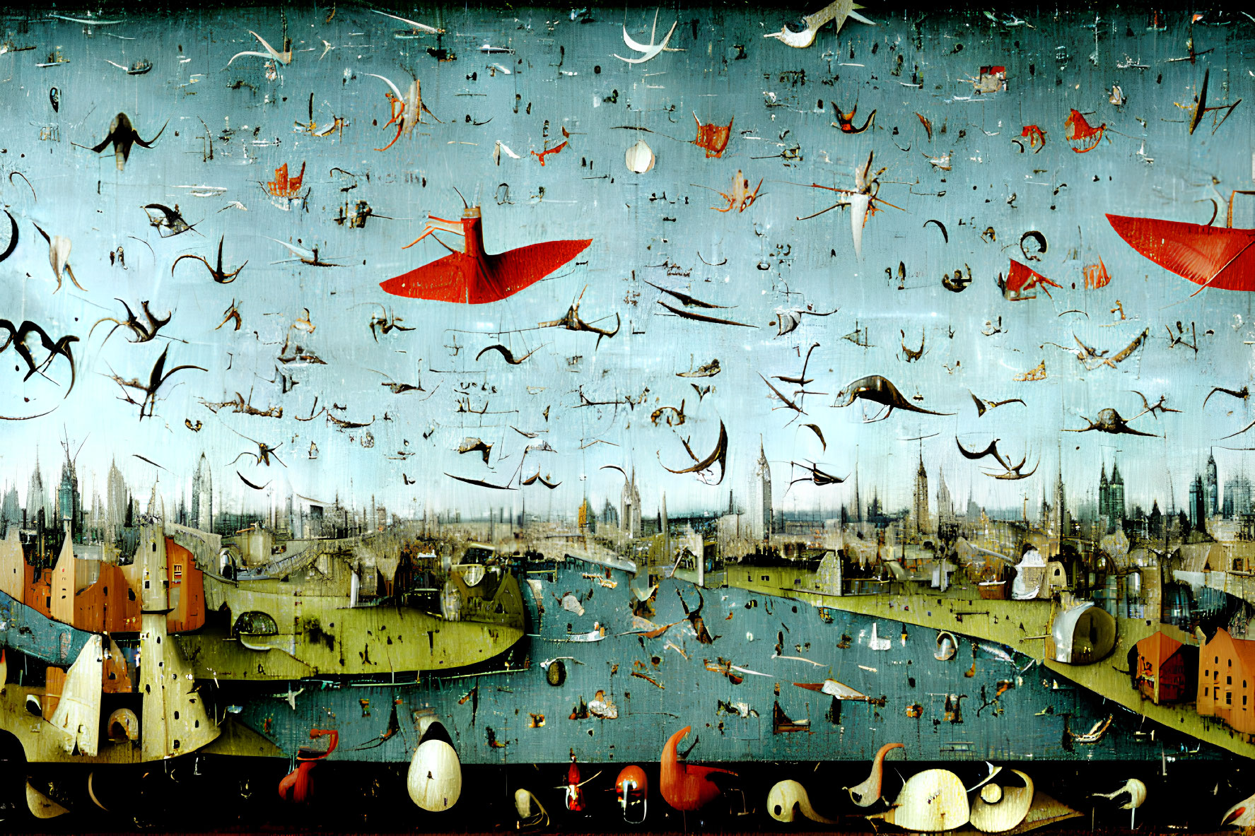 Surreal painting with bizarre creatures and objects above quaint townscape