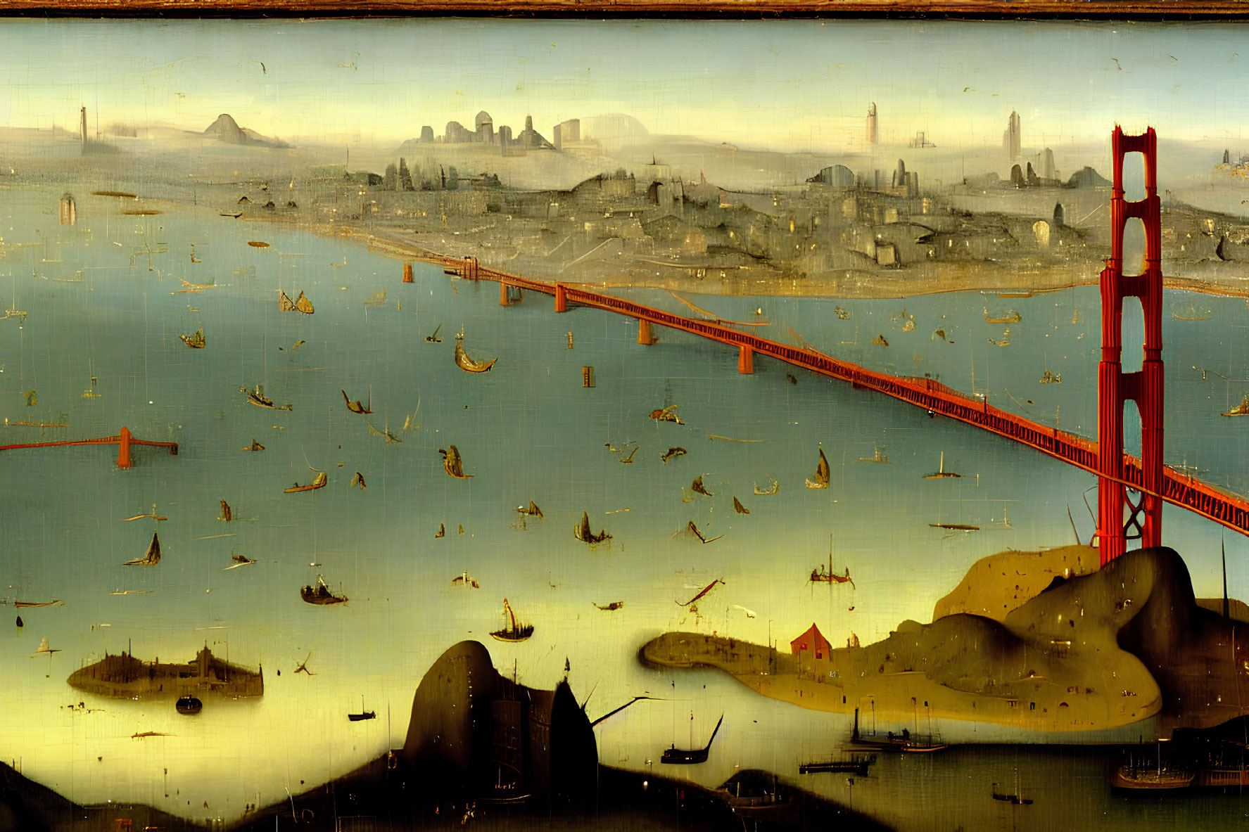 Renaissance-style panoramic view of Golden Gate Bridge with surreal fish