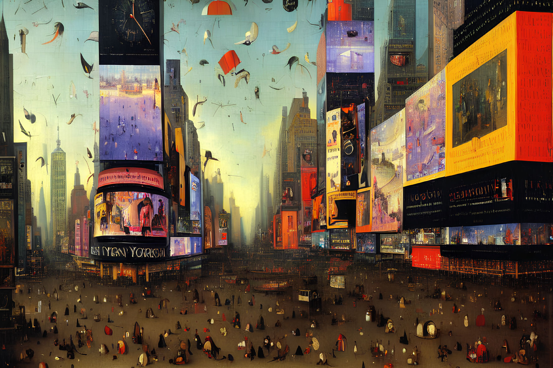 Futuristic cityscape with towering electronic billboards and debris under an orange sky