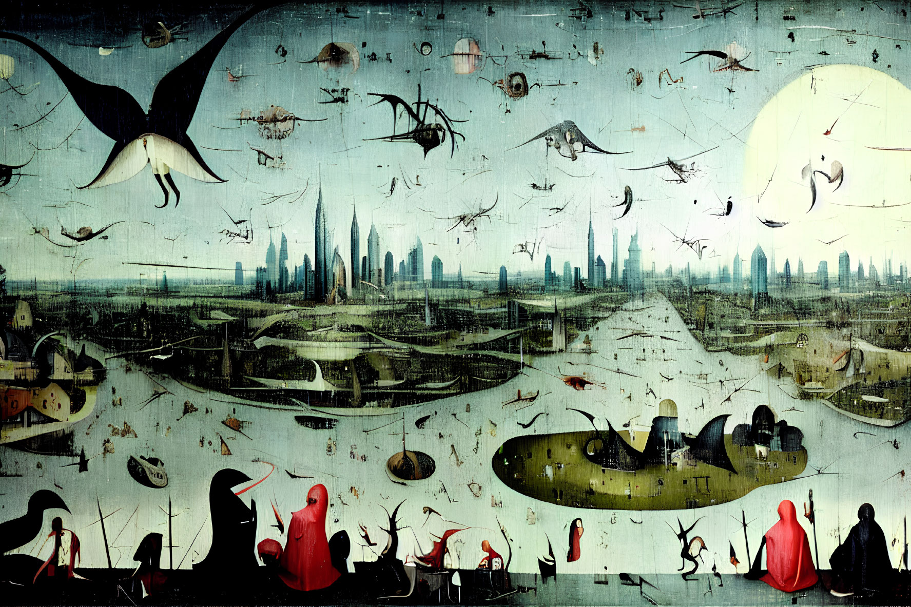 Surreal landscape with diverse creatures and modern city skyline