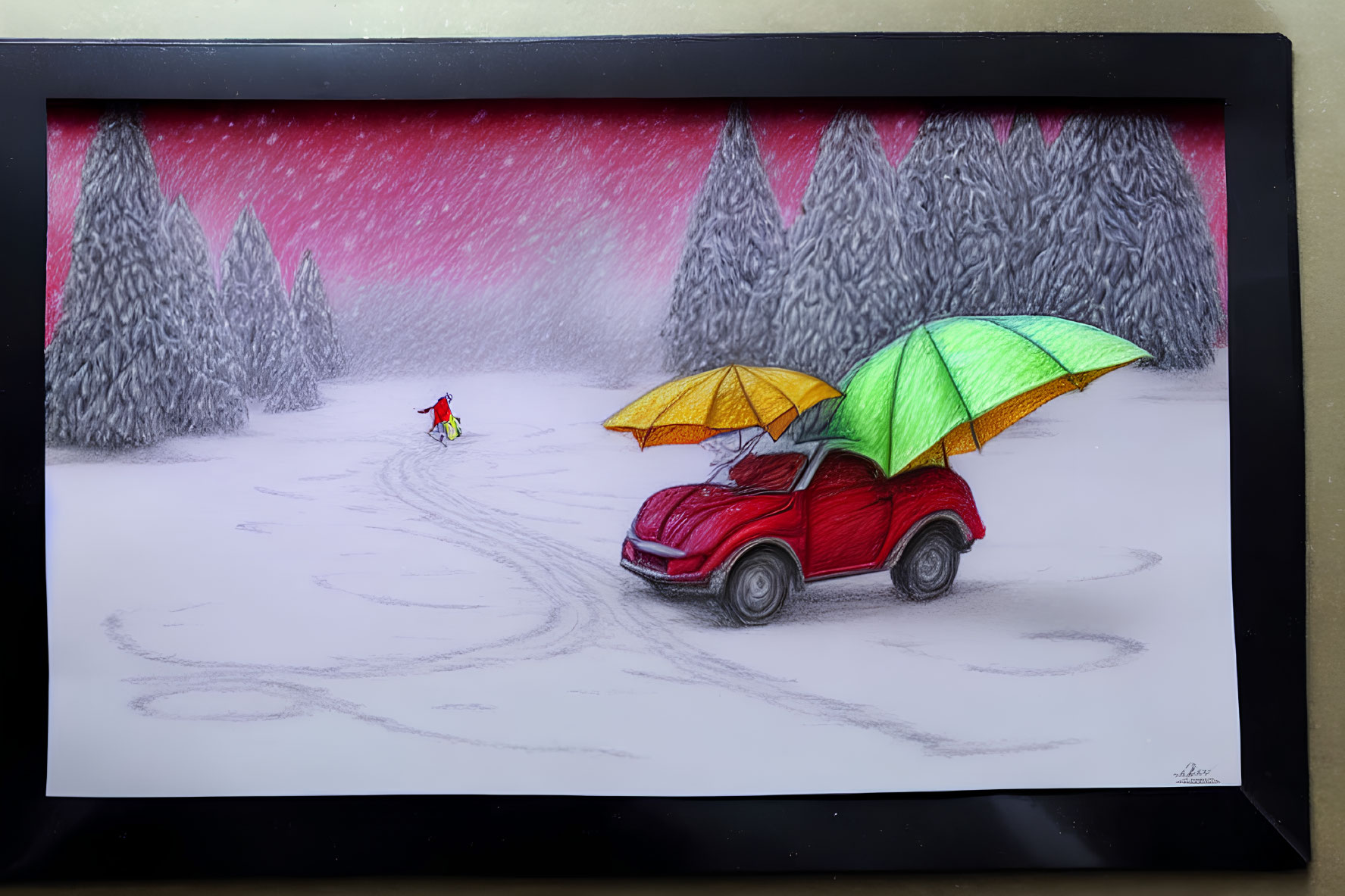 Red car with open green and yellow umbrellas in snowy landscape with lone figure and falling snow