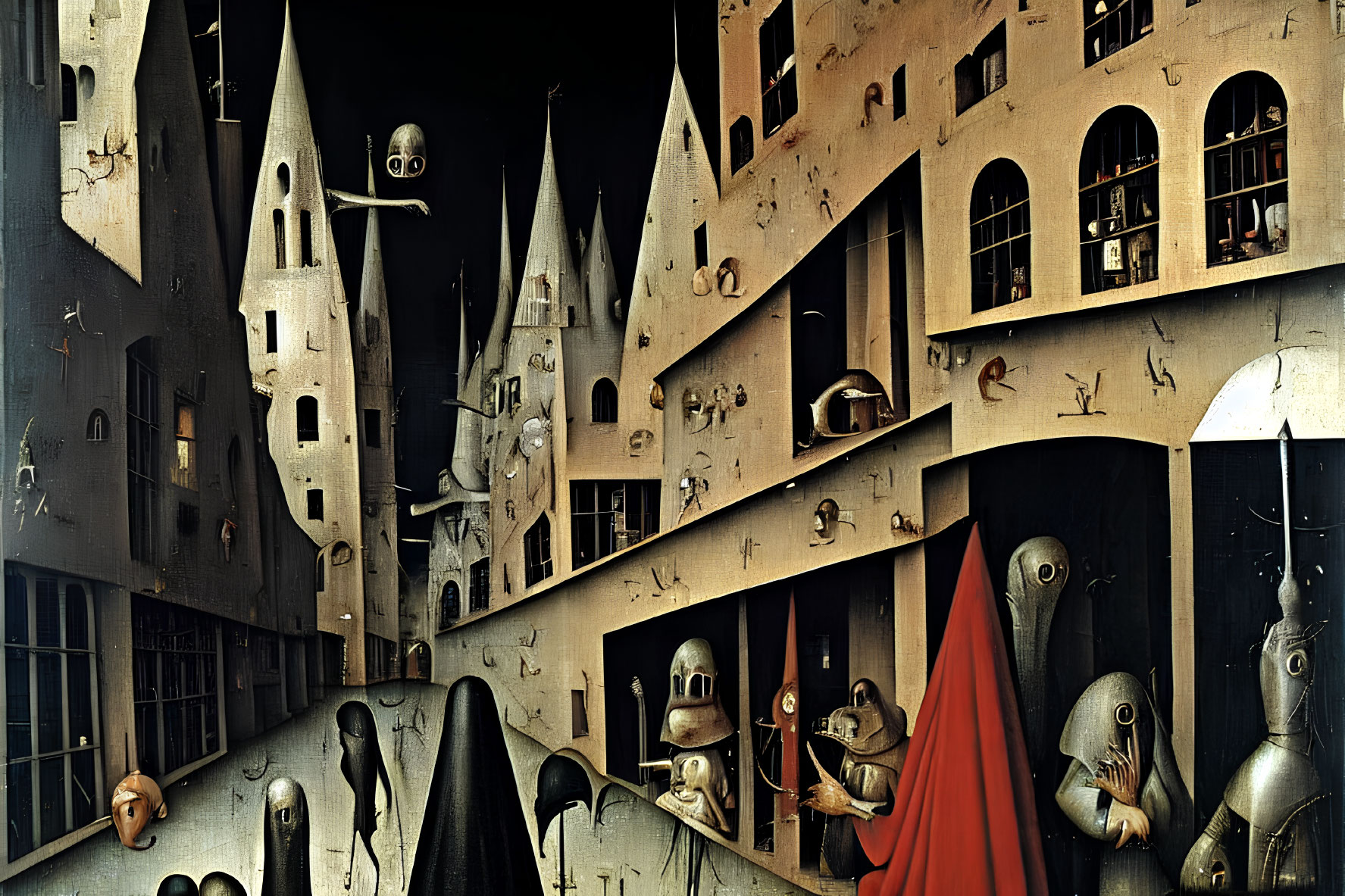 Distorted medieval cityscape with anthropomorphic buildings and armored figures.