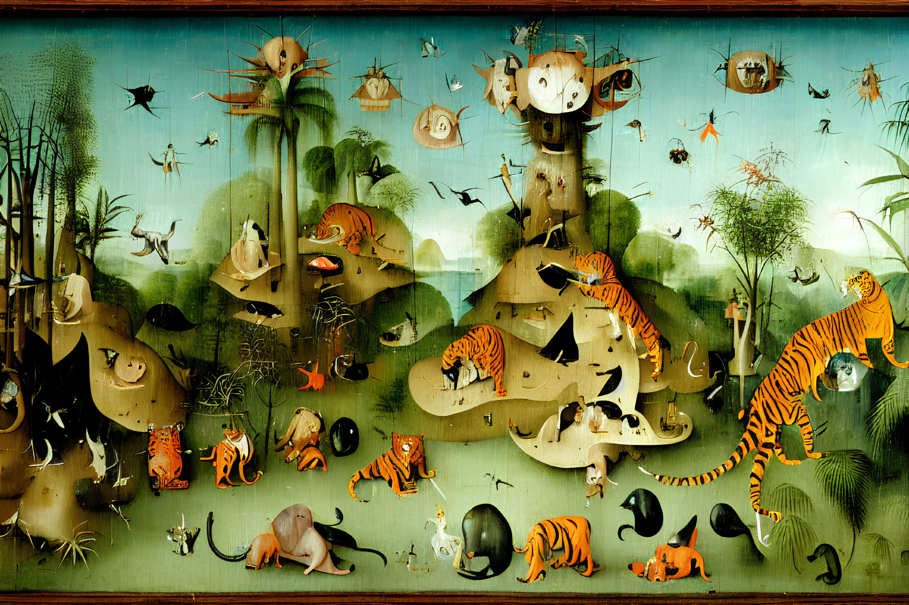 Colorful painting of tigers and elephant-like creatures in surreal jungle setting.