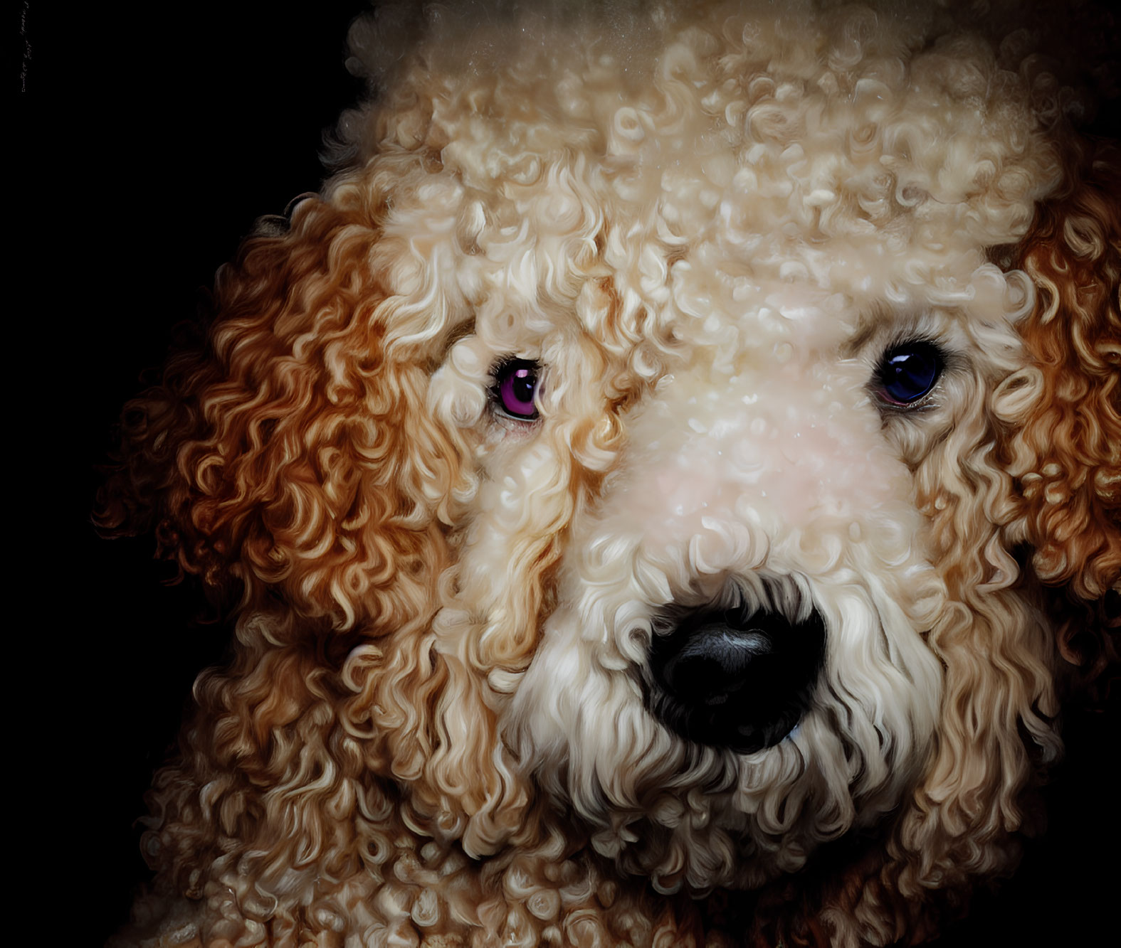 Curly white and tan poodle with dark eyes and black nose on dark background