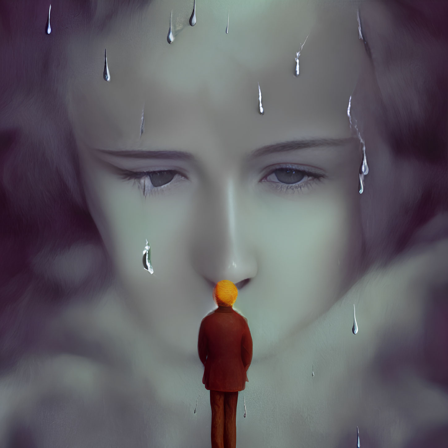 Surreal conceptual artwork of person with raincoat and umbrella