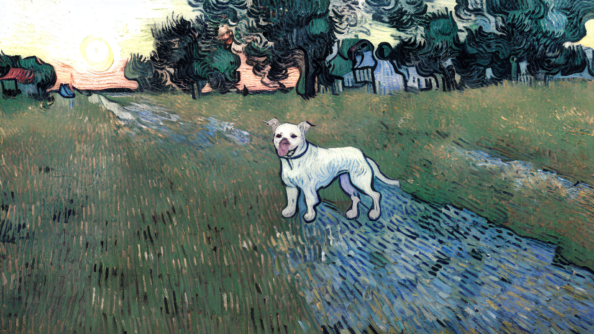 Digital artwork: Dog blended into Van Gogh's "Starry Night" landscape