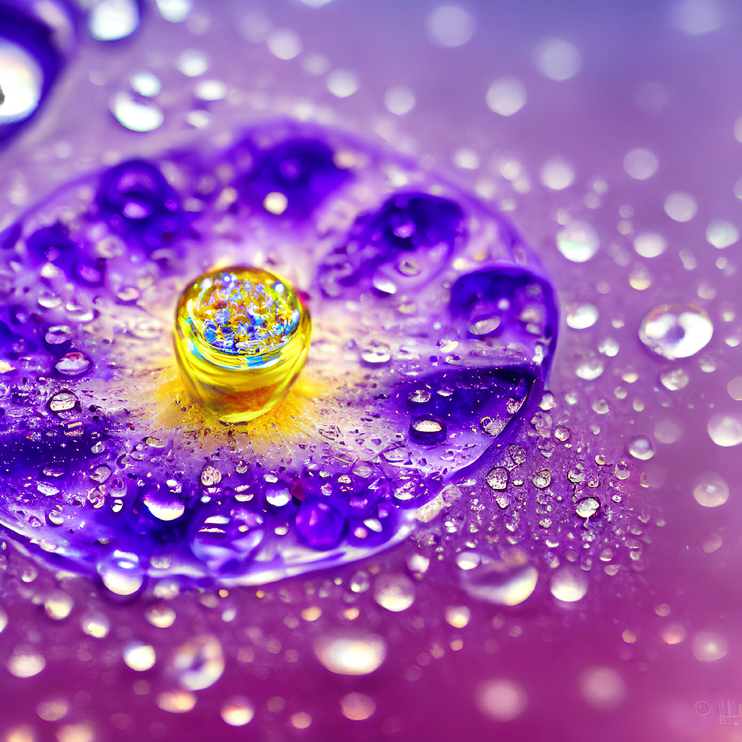 Colorful macro photo of droplet on flower petal with bokeh background